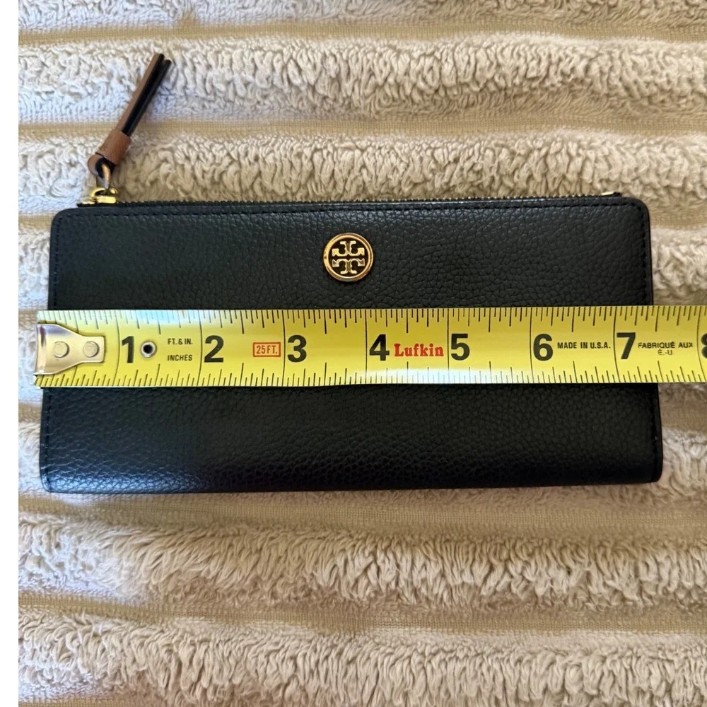 Tory Burch Black Pebbled Leather Slim Bi-Fold Wallet Gold Logo Medallion Striped